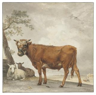 Reinier Vinkeles - A bull and sheep in a landscape, after Paulus Potter
