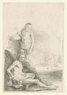 Rembrandt Harmensz. van Rijn - A nude Man standing, another seated, with a Woman and a Baby lightly etched in the Background (B., Holl. 194; H. 222)