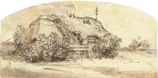 Rembrandt Harmensz. Van Rijn - A ruined thatched cottage overgrown with bushes