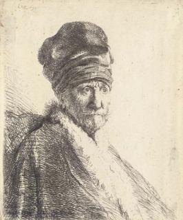 Rembrandt Harmensz. van Rijn - Bust of a Man wearing a high Cap, three quarters right: The Artist\'s Father? (B., Holl. 321; H. 22)