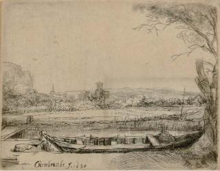 Rembrandt Harmensz. Van Rijn - Canal with a Large Boat and Bridge (B., Holl. 236; H. 239)