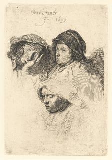 Rembrandt Harmensz. van Rijn - Drei Frauenköpfe, die eine Frau schlafend