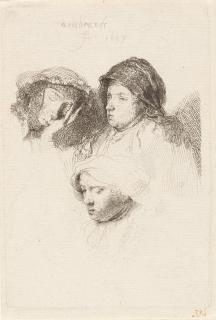 Rembrandt Harmensz. van Rijn - Drei Frauenköpfe, die eine schlafend.