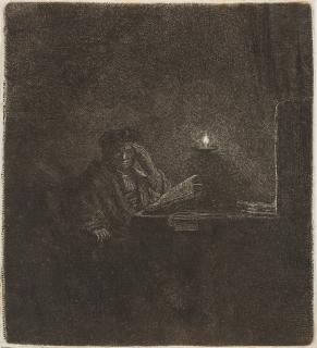 Rembrandt Harmensz. van Rijn - Nachdenkender Mann bei Kerzenlicht.