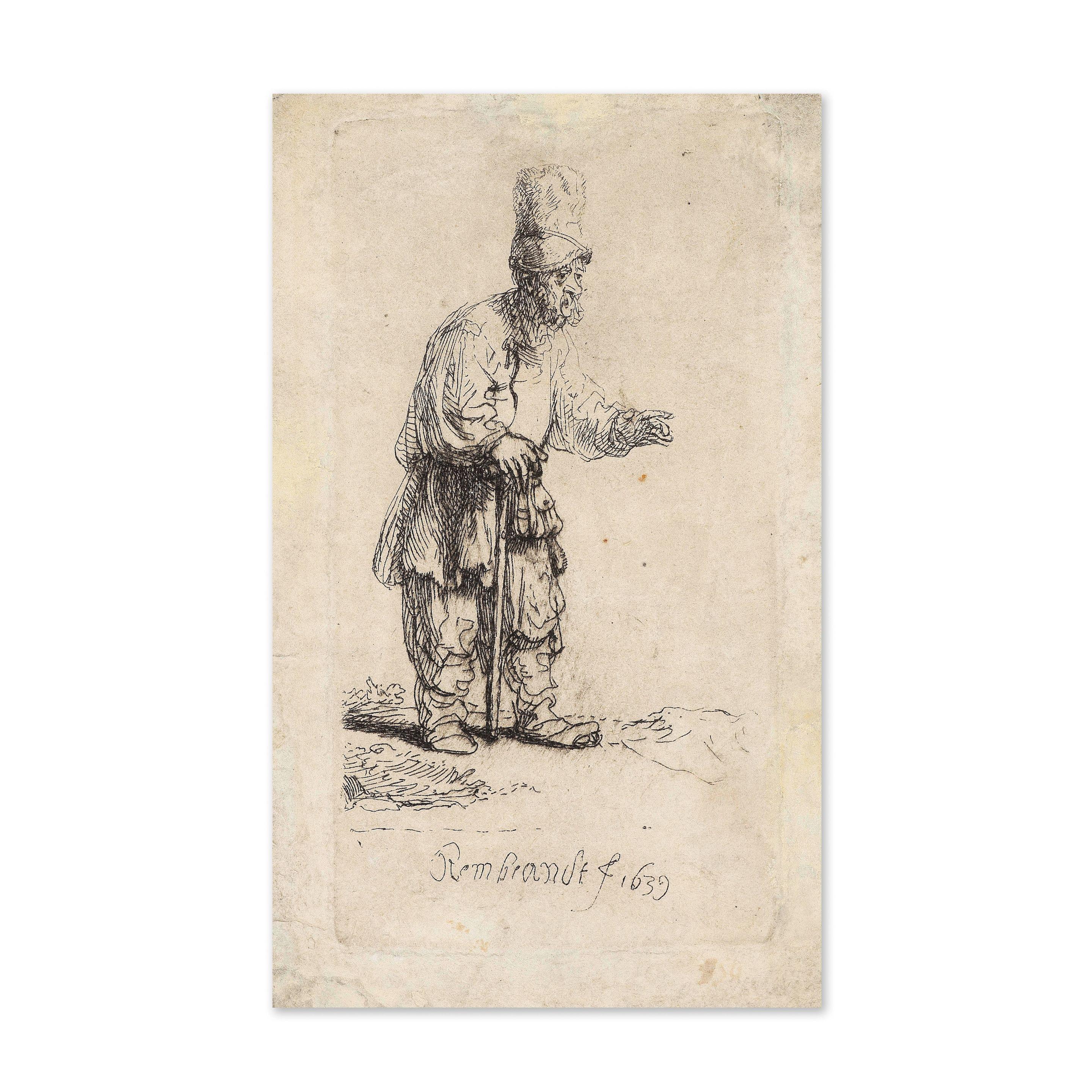Rembrandt Harmensz van Rijn - Paysan à grand bonnet appuyé sur sa canne, 1639