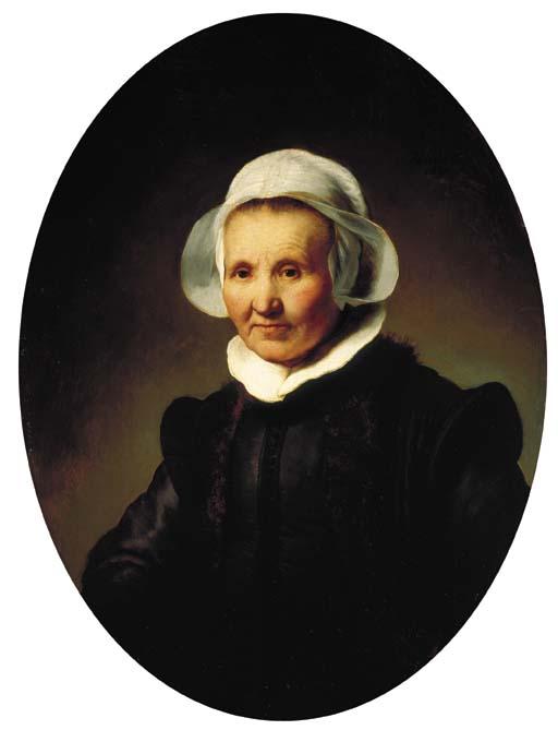 Rembrandt Harmensz. van Rijn - Portrait of a lady, aged 62, perhaps Aeltje Pietersdr. Uylenburgh, wife of Johannes Cornelisz. Sylvius, half-length, in black costume and a cap and collar