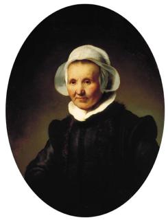 Rembrandt Harmensz. van Rijn - Portrait of a lady, aged 62, perhaps Aeltje Pietersdr. Uylenburgh, wife of Johannes Cornelisz. Sylvius, half-length, in black costume and a cap and collar