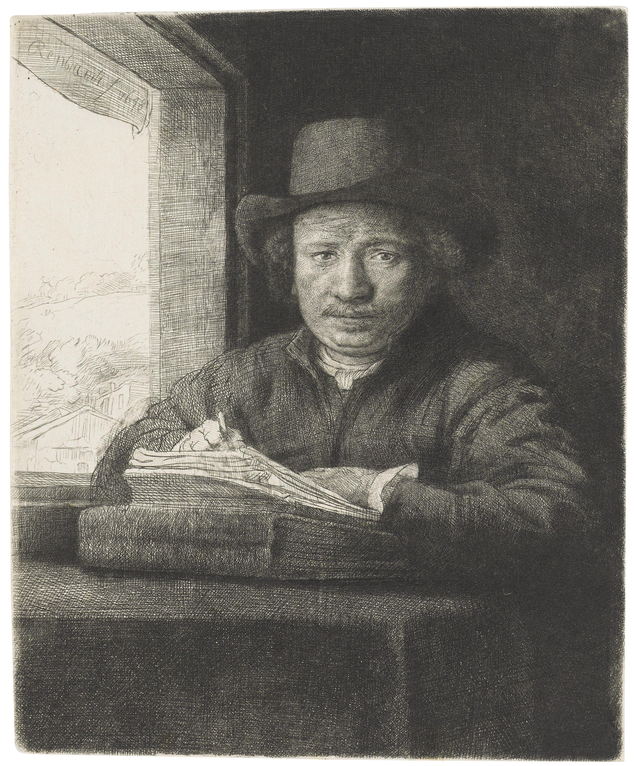 Rembrandt Harmensz. Van Rijn - Self-Portrait etching at a Window