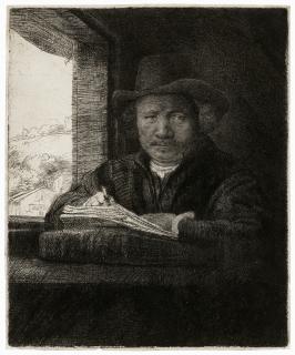 Rembrandt Harmensz. Van Rijn - Self-Portrait etching at a Window