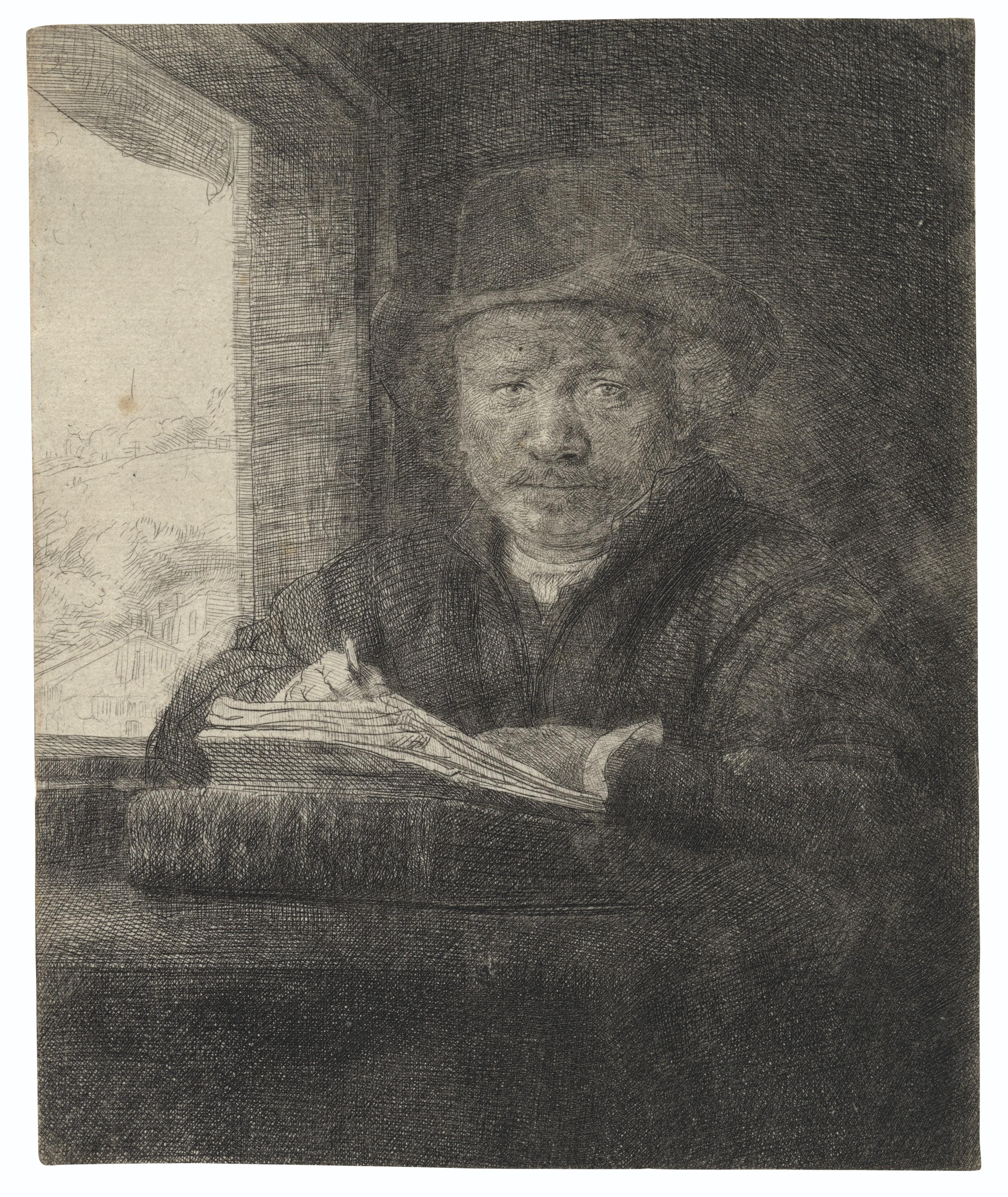 Rembrandt Harmensz. Van Rijn - Self-Portrait etching at a Window