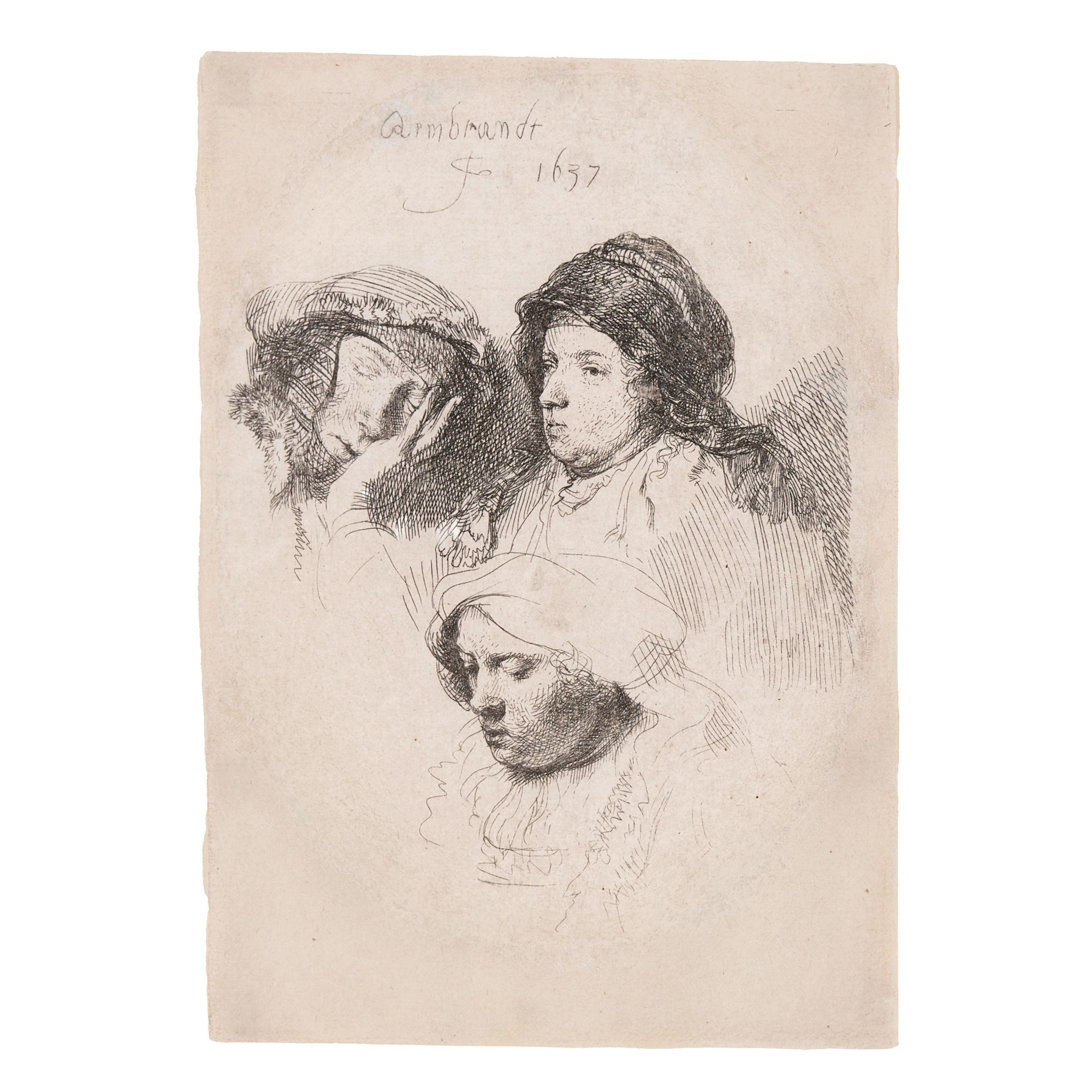 Rembrandt Harmensz van Rijn - Three Heads of Women: One Asleep