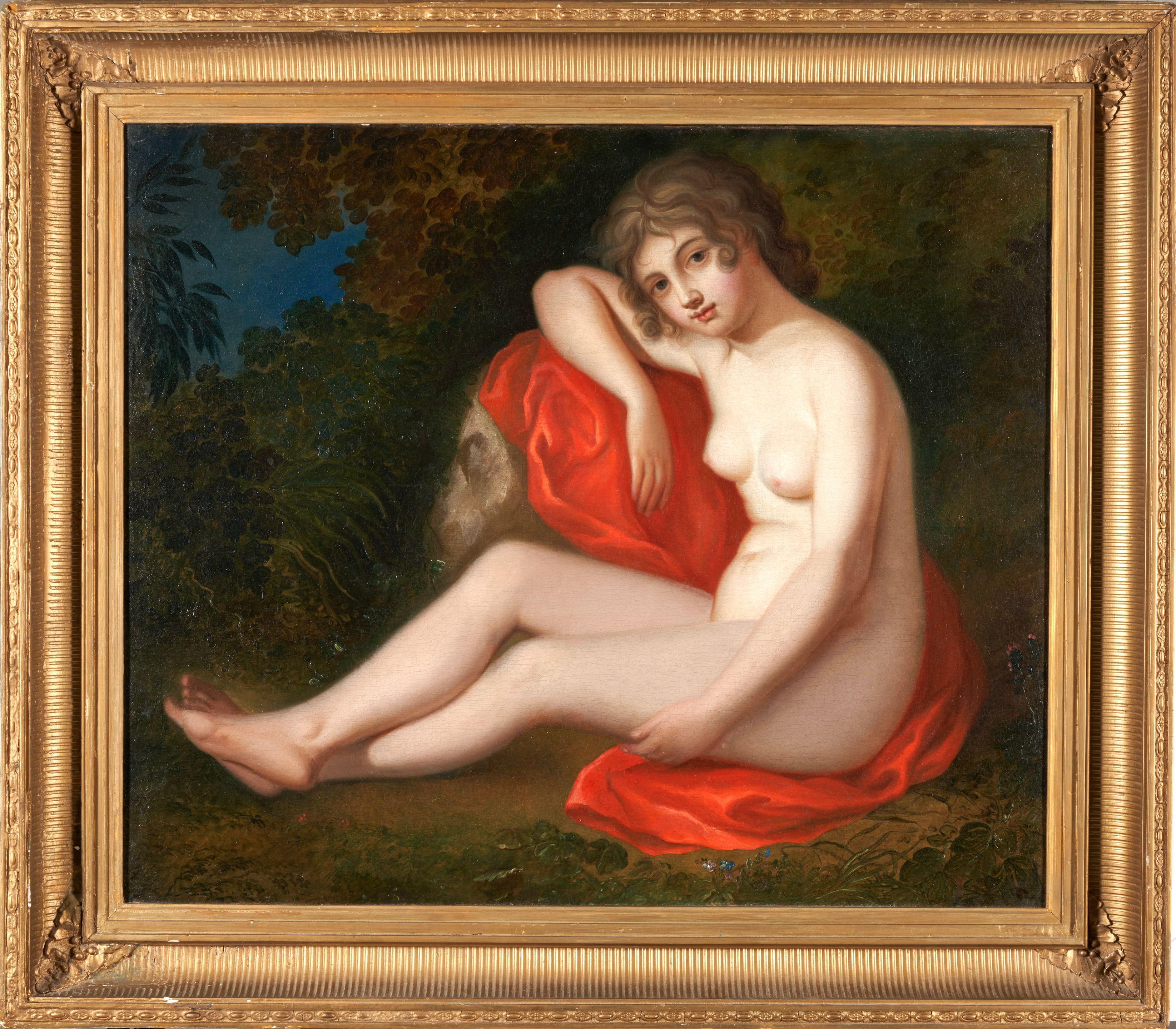 Rembrandt Peale - Musidora Depicting a female nude with a red drapery seated natural setting.