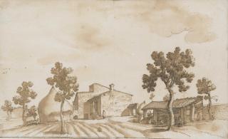 Remigio Cantagallina - A farm with a haystack and a barn to the left and right, a man standing by a flight of steps
