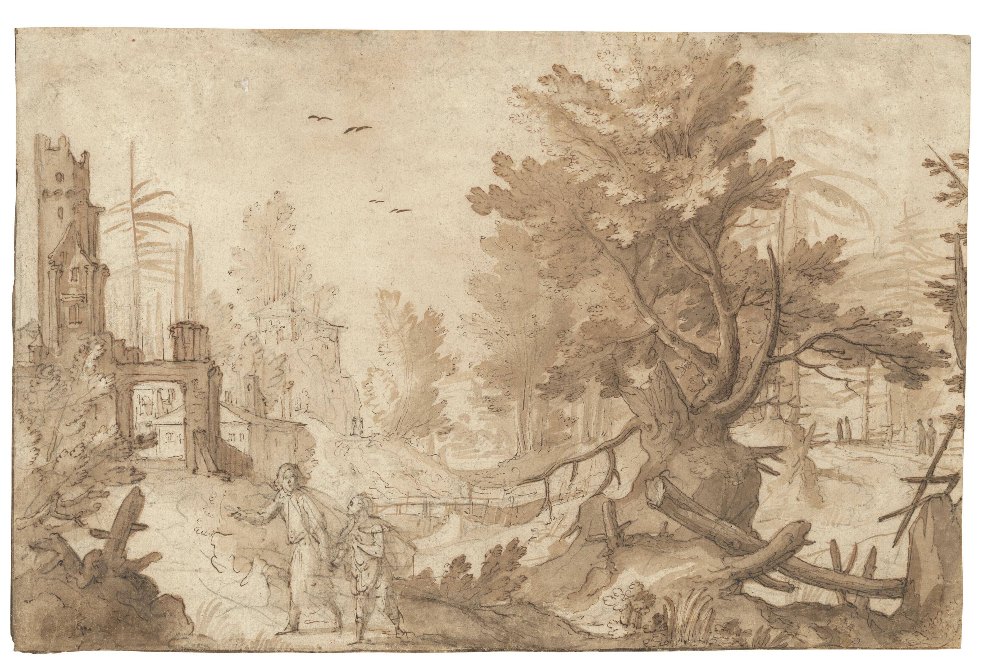 Remigio Cantagallina - A forest landscape with buildings and Tobias and the angel