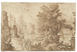 Remigio Cantagallina - A forest landscape with buildings and Tobias and the angel