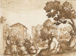 Remigio Cantagallina - A Landscape With A Group of Men Playing Cards, Two Others In The Foreground