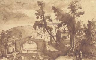 Remigio Cantagallina - A mountainous landscape with a bridge over a river, figures on a road by a farmstead to the right