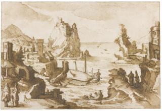 Remigio Cantagallina - A Rugged Coastal Landscape With Figures In The Foreground