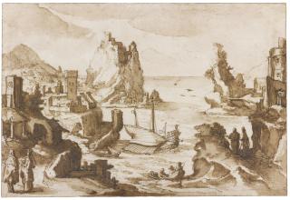 Remigio Cantagallina - A Rugged Coastal Landscape With Figures In The Foreground