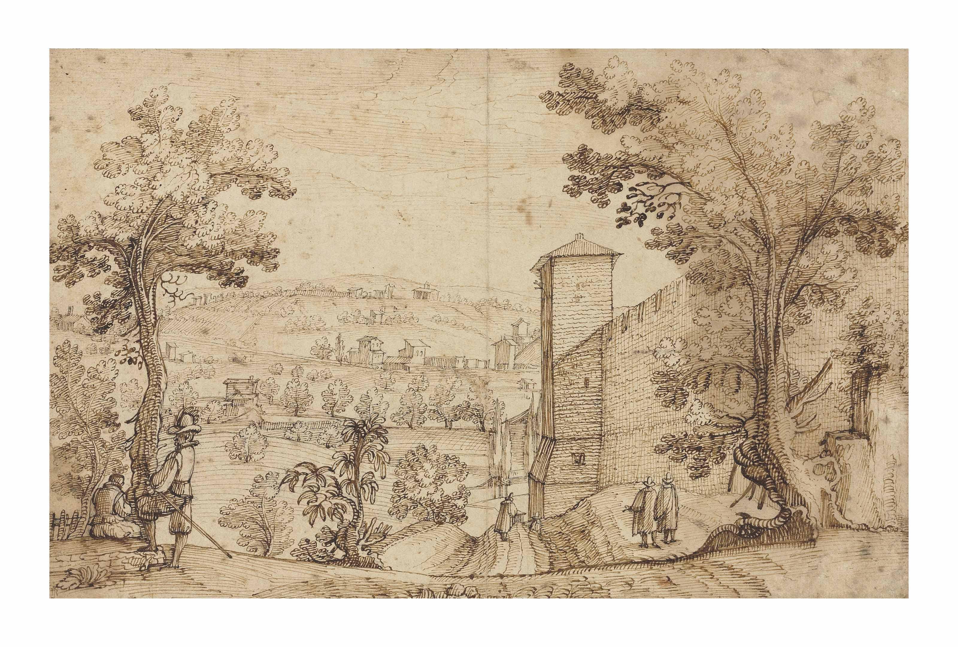 Remigio Cantagallina - A Tuscan view with a towered city wall to the right