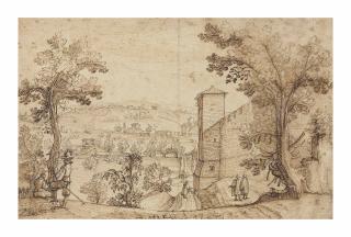 Remigio Cantagallina - A Tuscan view with a towered city wall to the right