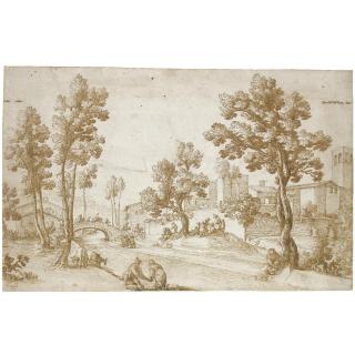 Remigio Cantagallina - A View From The Outskirts Of Florence, With A Couple Washing Their Linen In The Foreground