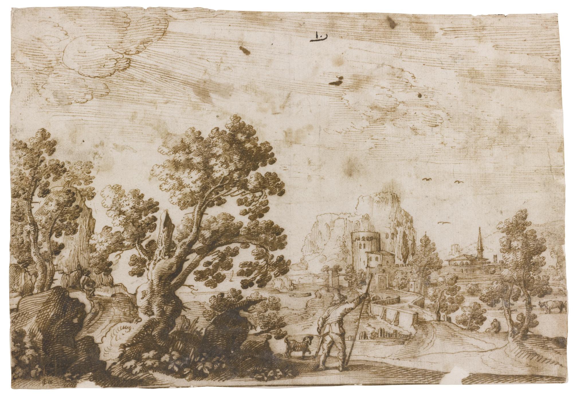 Remigio Cantagallina - A Wooded Landscape With A Traveler And His Dog Approaching A Coastal Town