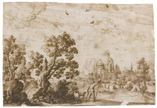 Remigio Cantagallina - A Wooded Landscape With A Traveler And His Dog Approaching A Coastal Town