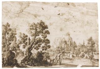 Remigio Cantagallina - A Wooded Landscape With A Traveler And His Dog Approaching A Coastal Town