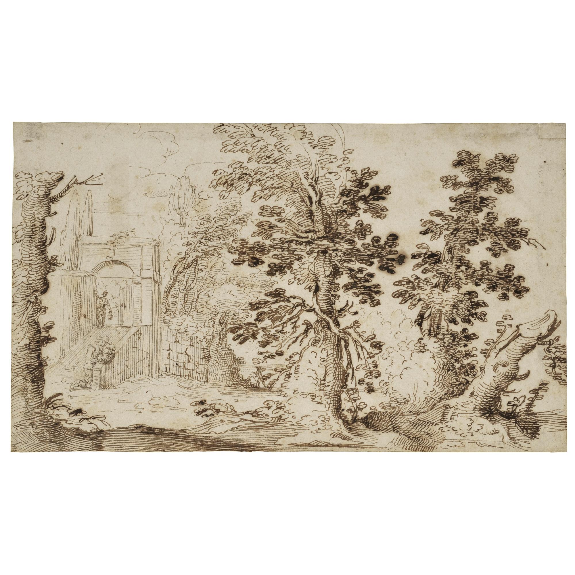 Remigio Cantagallina - A Wooded Landscape, With Two Figures At A Garden Entrance To The Left