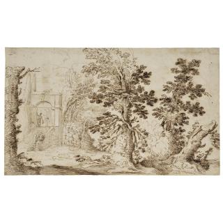 Remigio Cantagallina - A Wooded Landscape, With Two Figures At A Garden Entrance To The Left