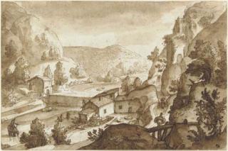 Remigio Cantagallina - An Alpine landscape with a farmhouse in a valley