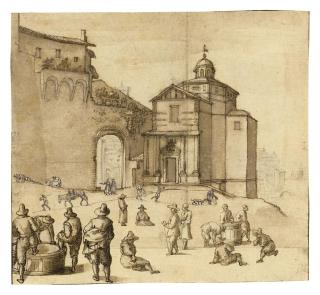 Remigio Cantagallina - Figures and animals outside the gate of a town