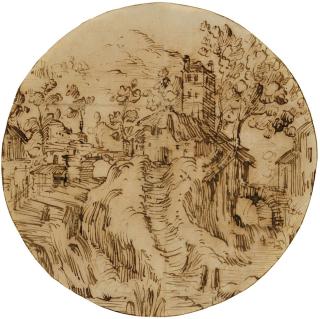 Remigio Cantagallina - Haus mit Turm auf einer Anhöhe zwischen zwei Brücken über Flussläufen, daneben weitere Gebäude.