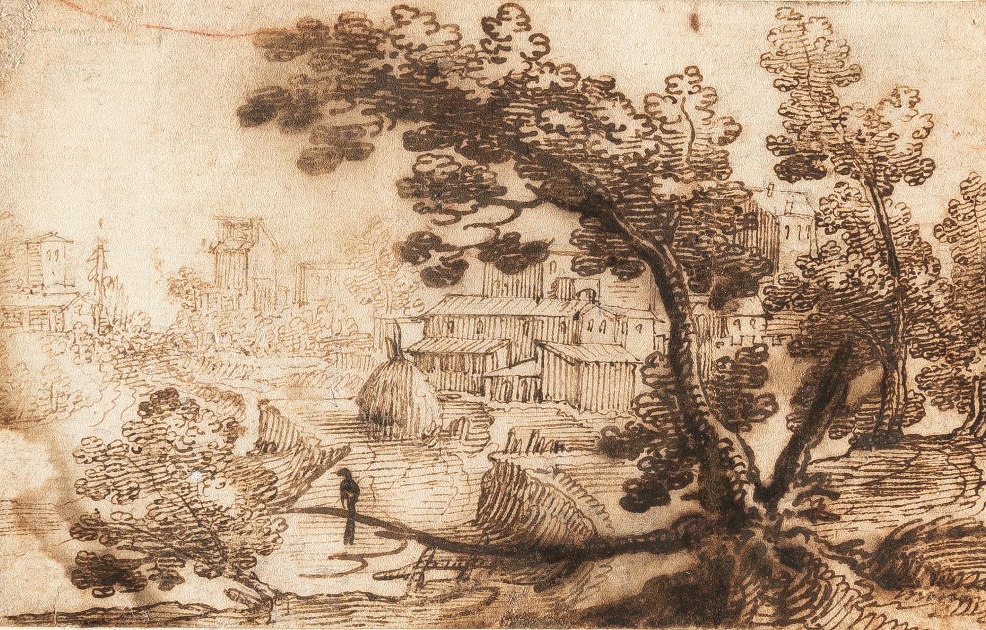 Remigio Cantagallina - Italienische Landschaft mit großem Baum und einer Elster, im Hintergrund ein Dorf