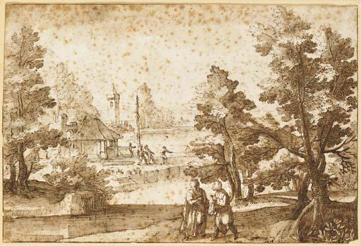 Remigio Cantagallina - Un Paysage Fluvial Avec Des Habitations, Des Pêcheurs Tirant Un Filet, Deux Hommes Au Premier Plan