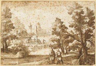 Remigio Cantagallina - Un Paysage Fluvial Avec Des Habitations, Des Pêcheurs Tirant Un Filet, Deux Hommes Au Premier Plan