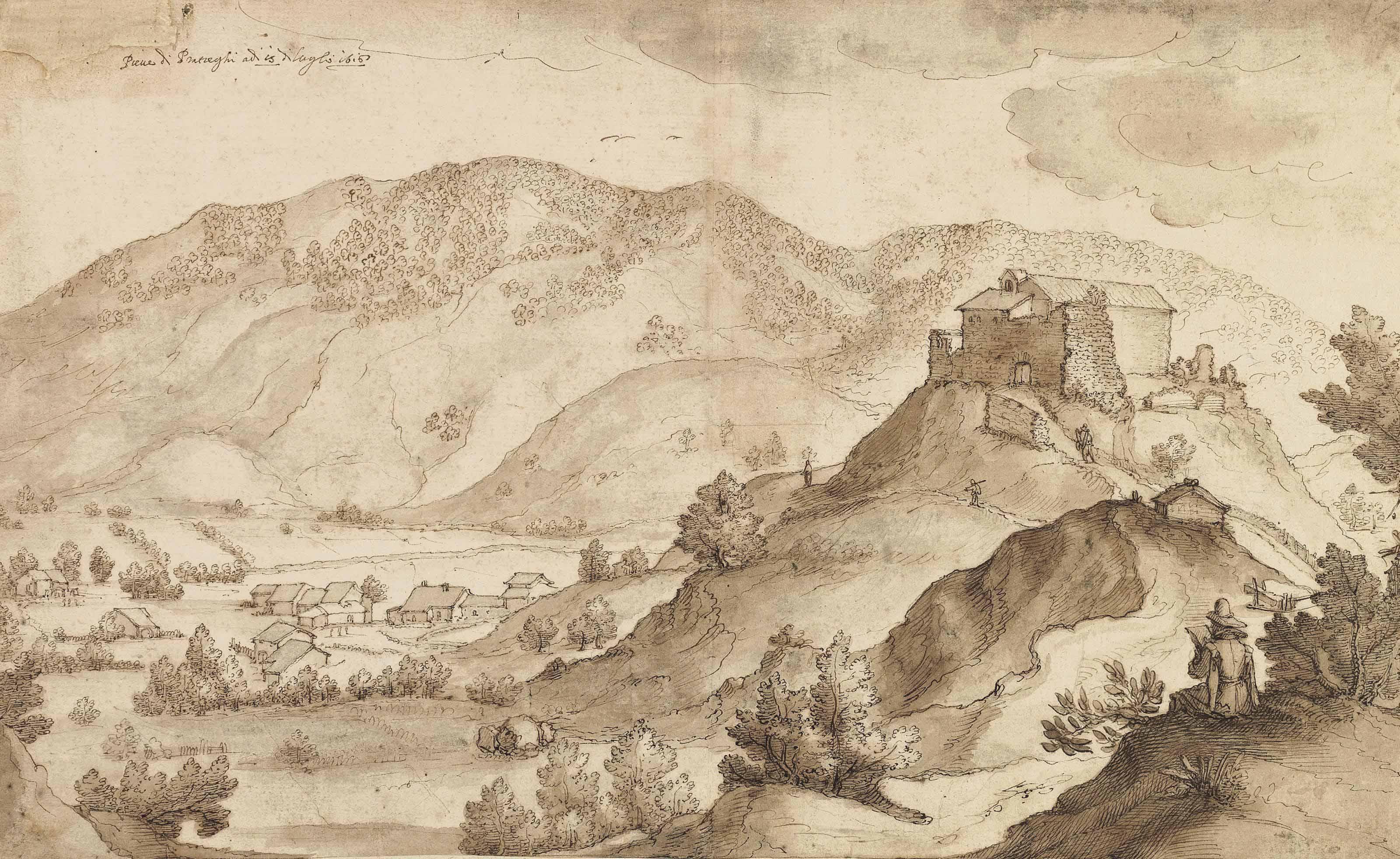 Remigio Cantagallina - View Of The Countryside Around The Village Of Pratieghi, With An Artist Sketching In The Foreground