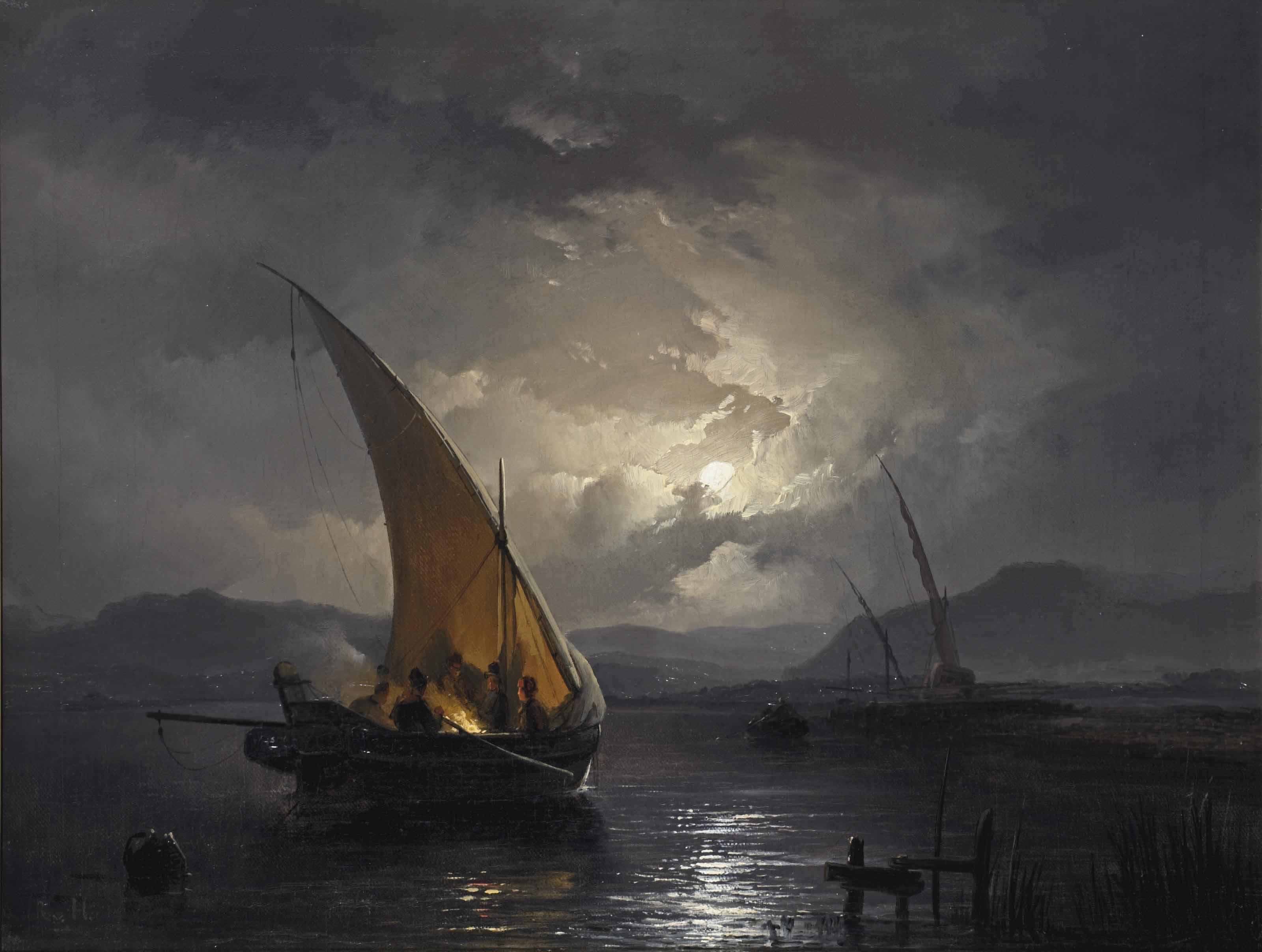 Remigius Adrianus Van Haanen - A Night Landscape With A Sailboat Where A Fire Is Being Lit