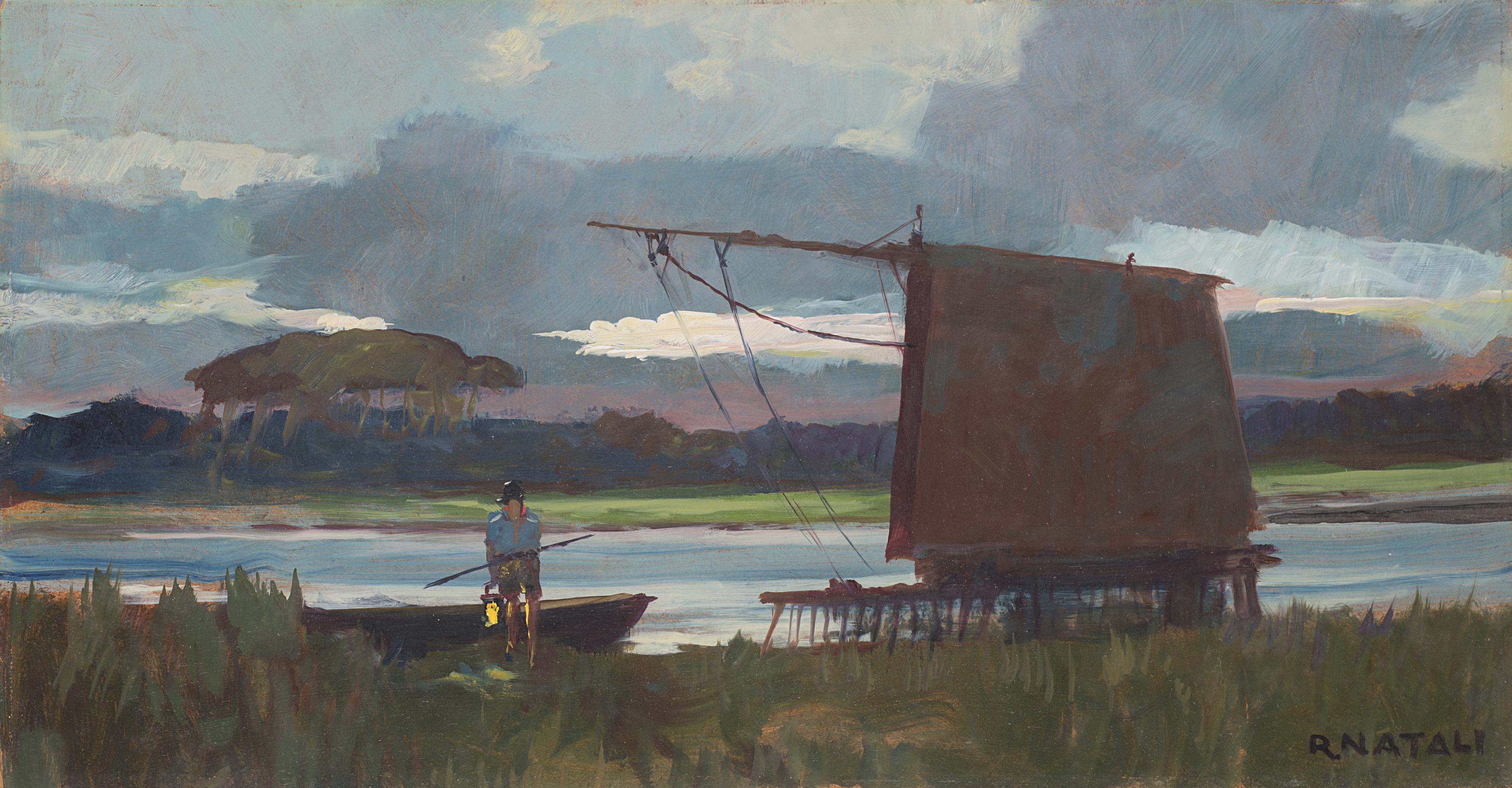 Renato Natali - Scorcio con pescatore in riva al fiume