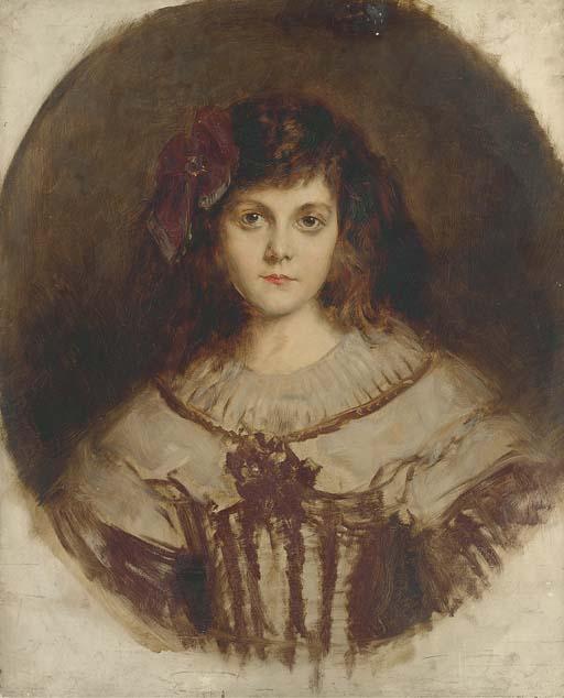 René Avigdor - Portrait of A Young Girl, Bust-Length, With A Red Bow In Her Hair, In A Feigned Oval