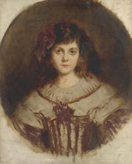 René Avigdor - Portrait of A Young Girl, Bust-Length, With A Red Bow In Her Hair, In A Feigned Oval