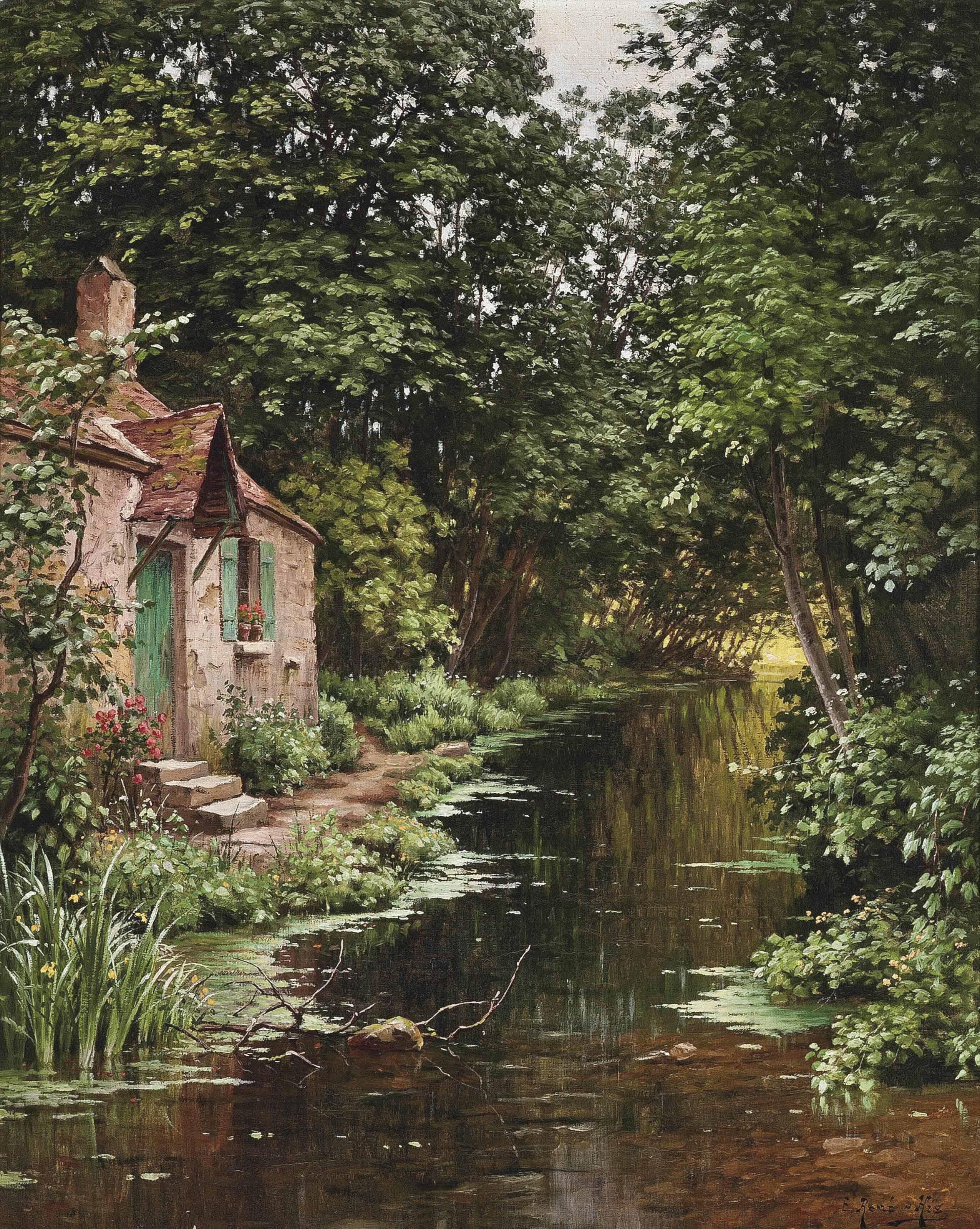 René Charles Edmond His - A cottage on the riverside