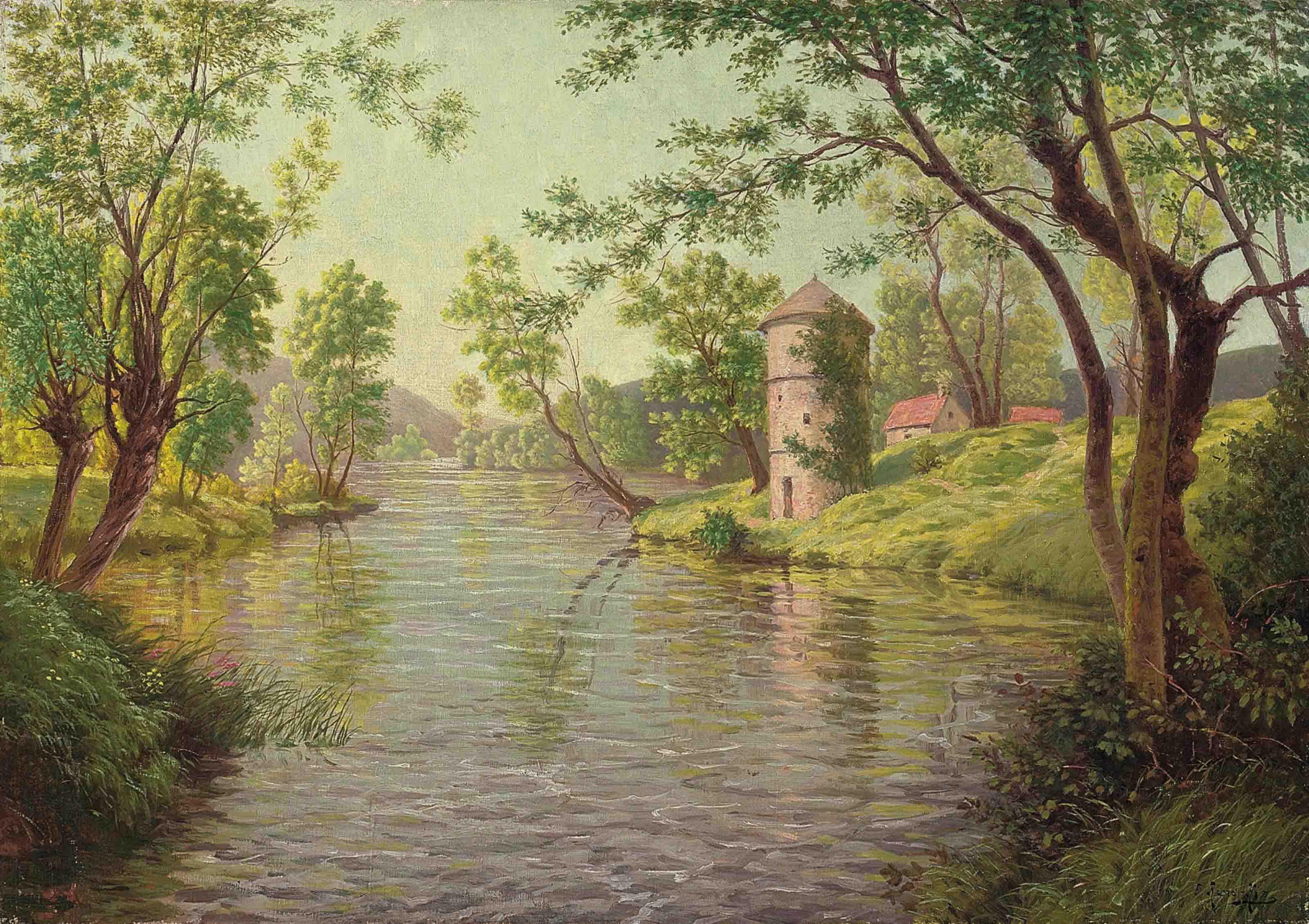 René Charles Edmond His - A farm on the river