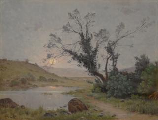 René Charles Edmond His - A Lake At Sunset