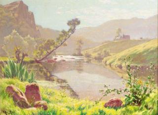 René Charles Edmond His - A Sunlit River Landscape