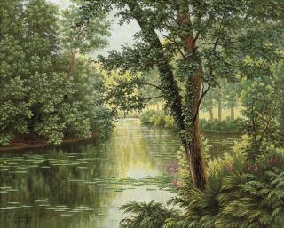 Rene Charles Edmond His - Lillies on a quiet stretch of the river