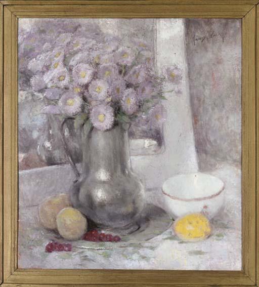 René de Pauw - Daisies in a pewter jug with a lemon, peaches and red berries on a table