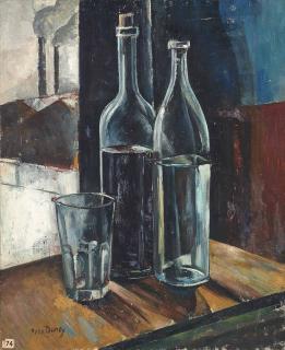 Rene Durey - Bouteilles Avec Verre; And Vase De Fleurs