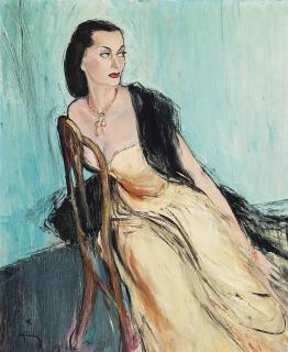 René Gruau - A portrait of Maggy Sarrange, three quarter length, seated, wearing a yellow dress, golden necklace and black shawl